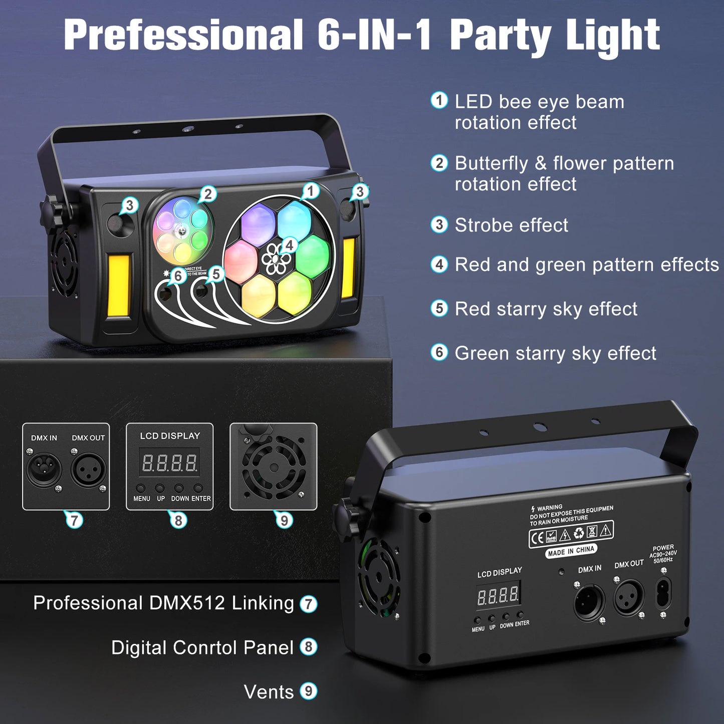 6-In-1 Bee Eye Strobe Laser Projector- Rgbw Led